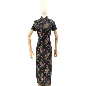 Vintage Y2K Lian Lin Black Metallic Dragon Phoenix Cheongsam Qipao Maxi Dress